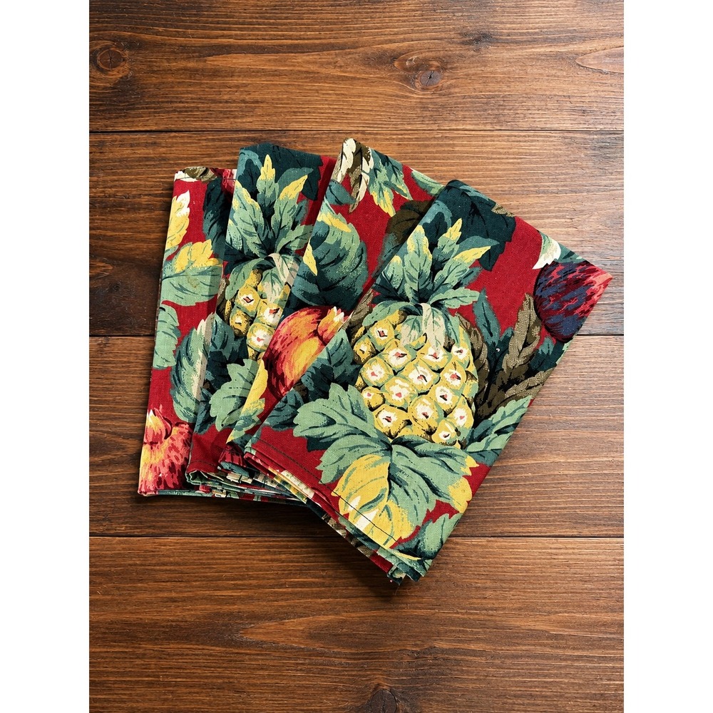 Vintage Tropical Pineapple Cloth Napkins Set of 4 Burgundy Cotton Table Linens